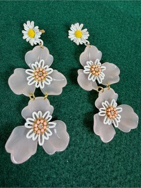 Anthropologie Pink Multi Flower Resin Drop Statement Earrings Repaired